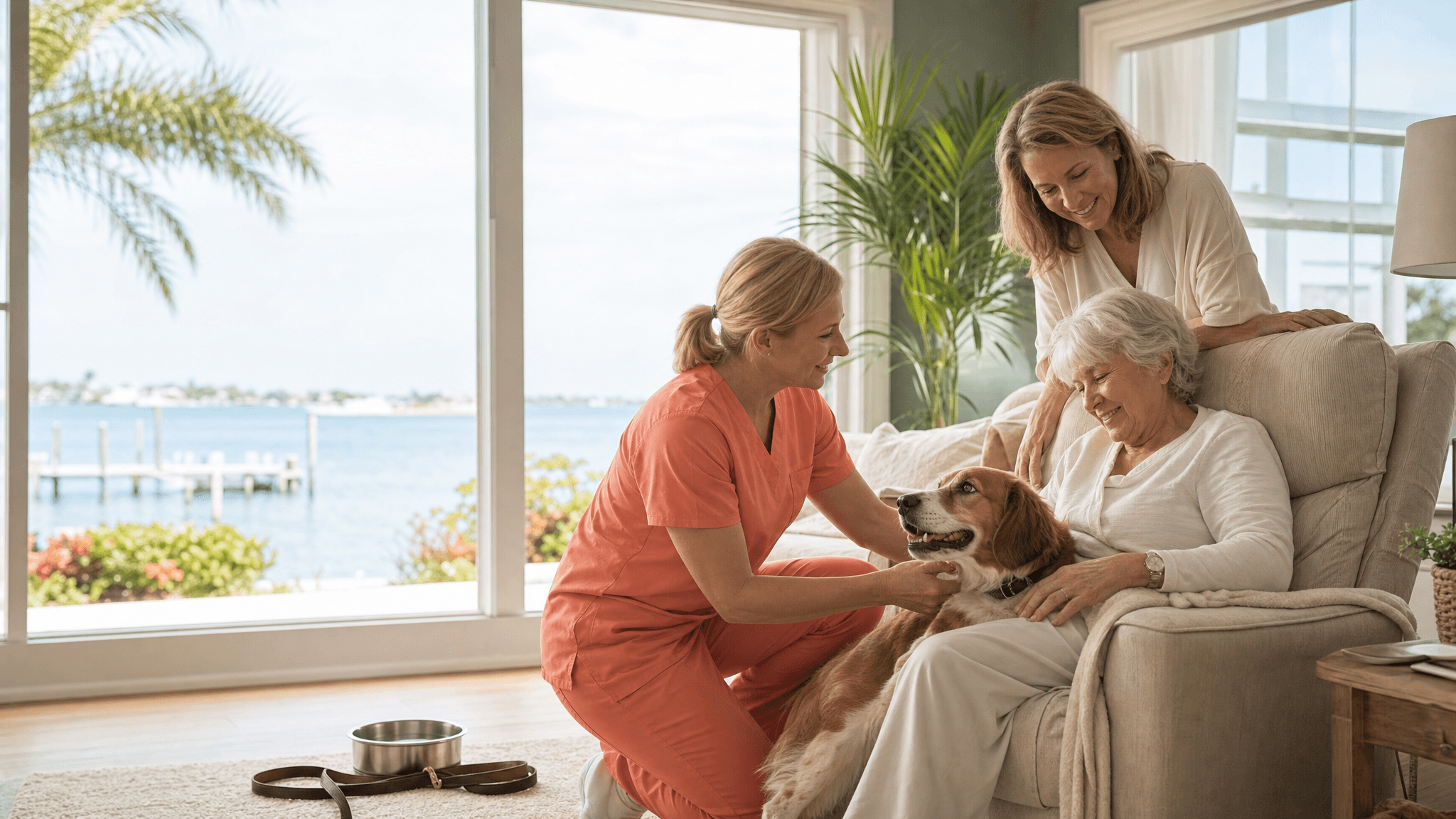 Hospice patient at home with a beloved dog and family member
