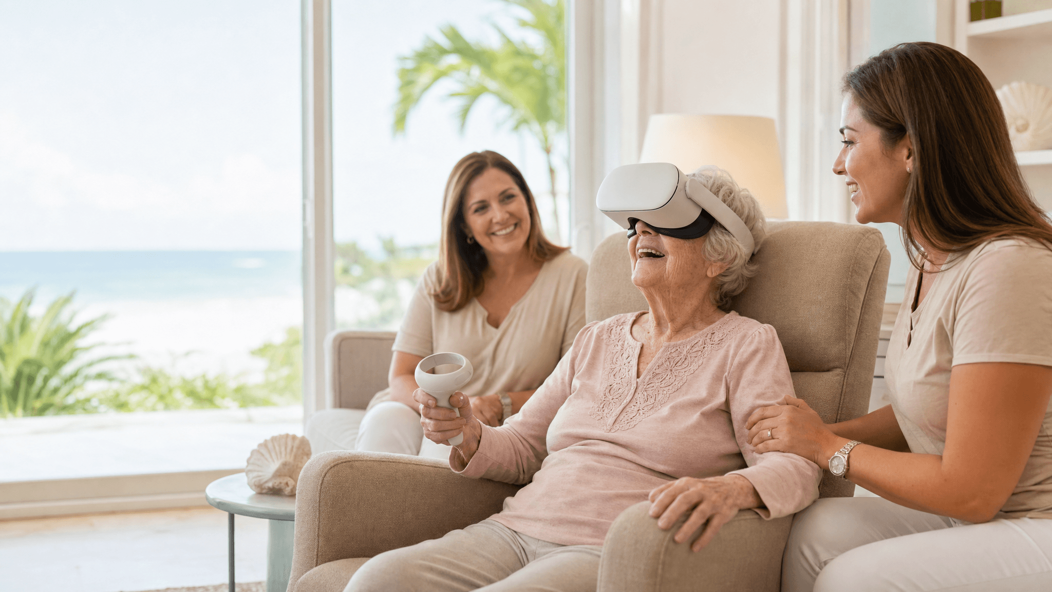 Hospice patient sharing a virtual reality experience with family and a facilitator