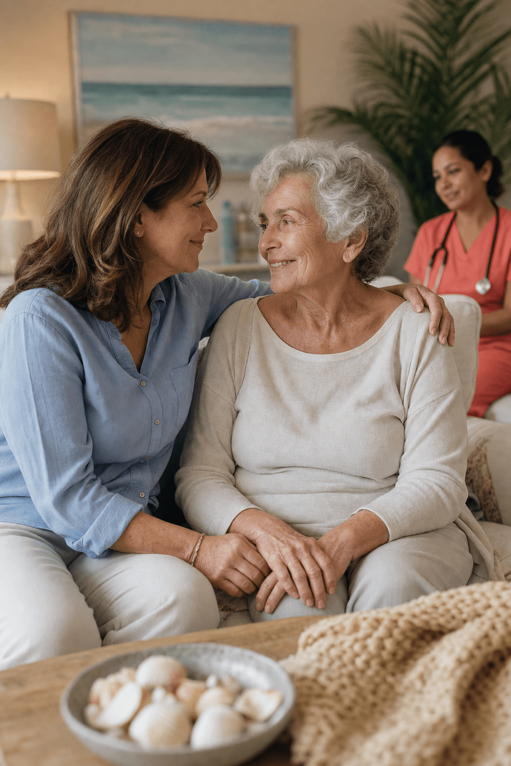 Adult daughter comforting her elderly mother on a couch