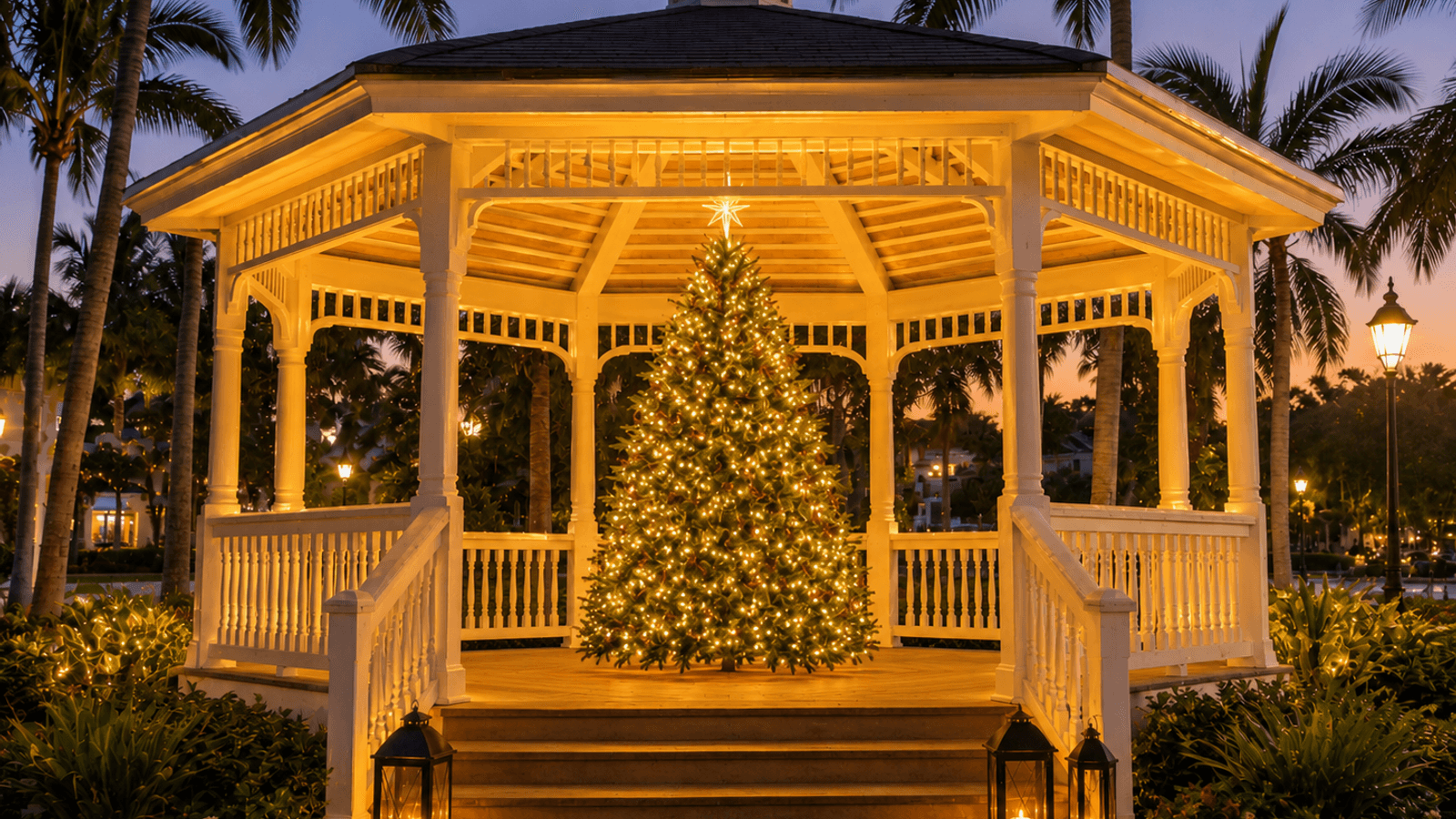 Lighted gazebo and holiday tree at dusk, the setting for the Community Remembrance Ceremony