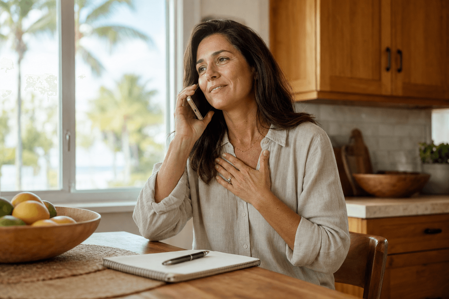 Family member on the phone at a kitchen table