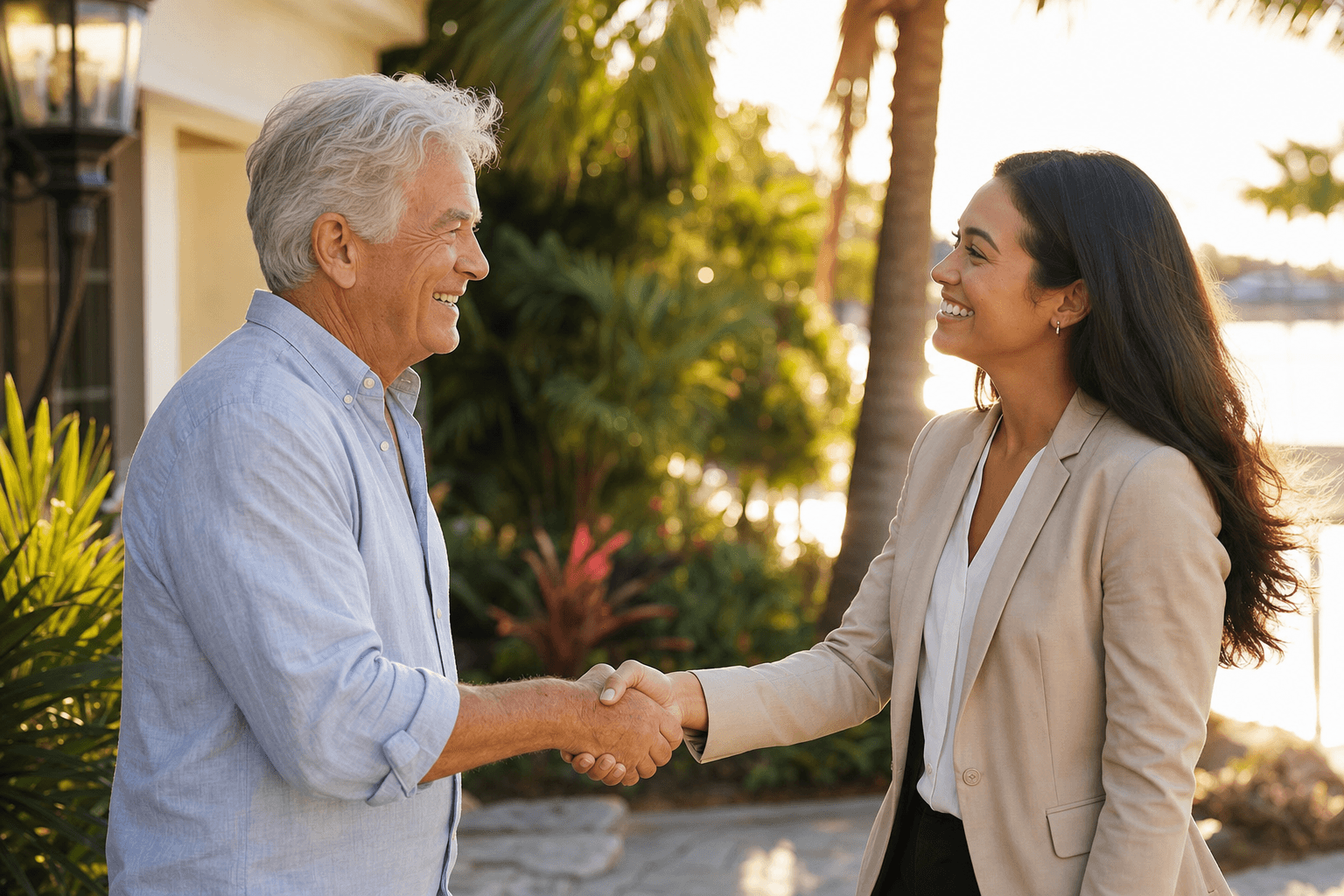 Donor and Foundation staff member shaking hands outside a home