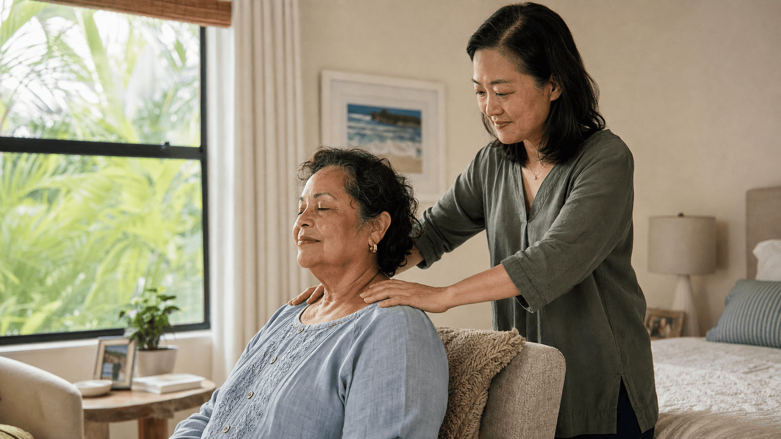 Massage therapist providing gentle hand massage for a hospice patient