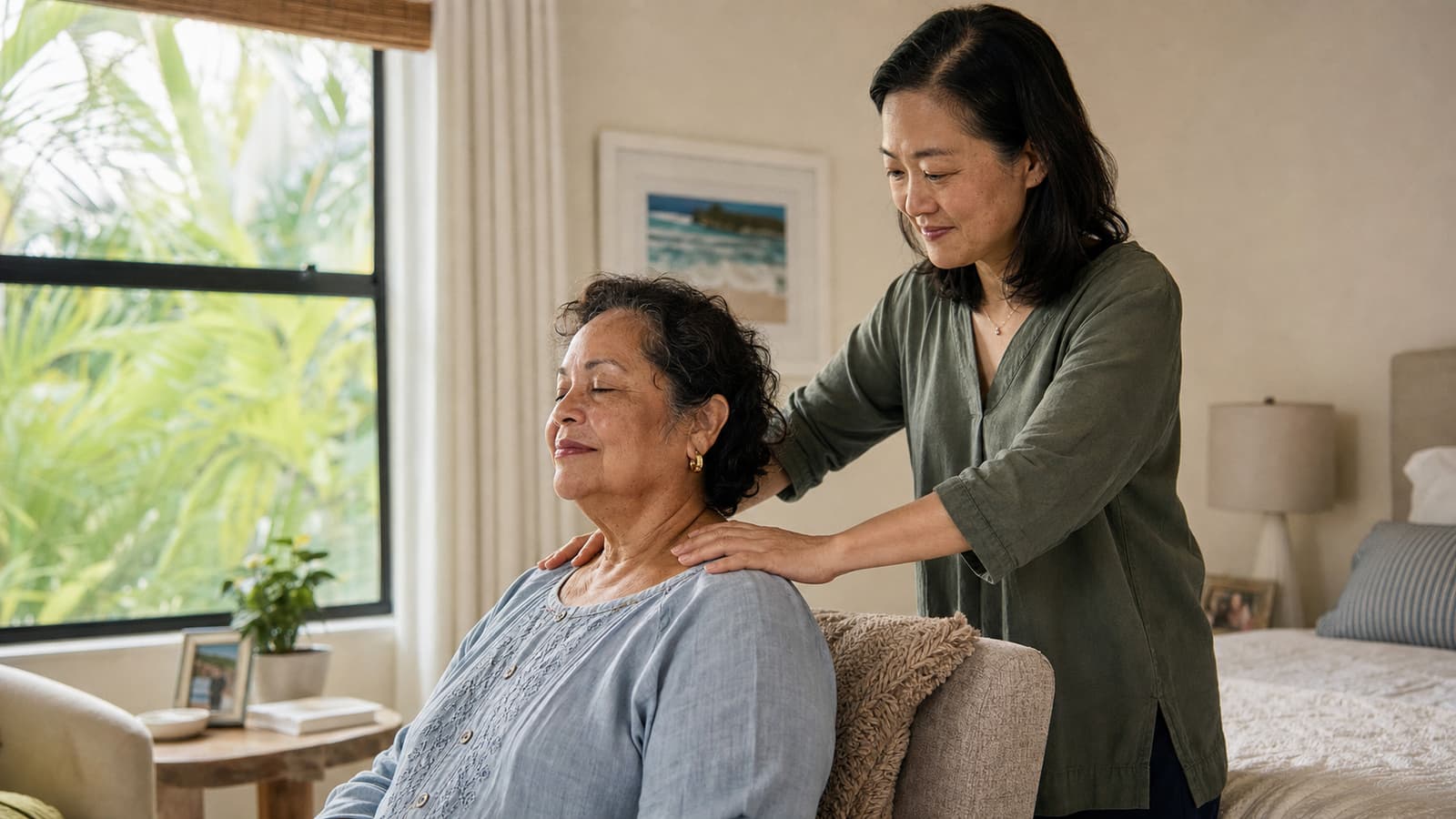Massage therapist providing gentle hand massage for a hospice patient