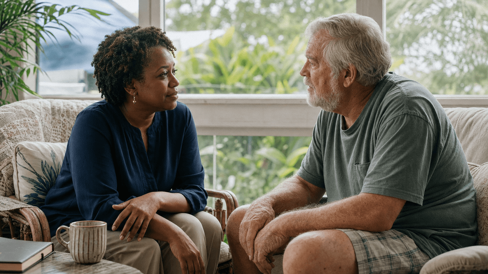 Hospice spiritual care counselor sharing a quiet conversation with a patient