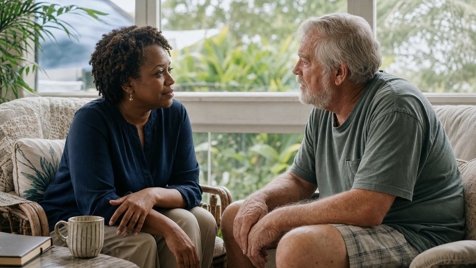 Hospice spiritual care counselor sharing a quiet conversation with a patient