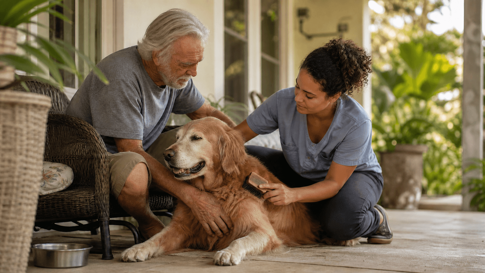 Hospice patient relaxing at home with a beloved dog and volunteer