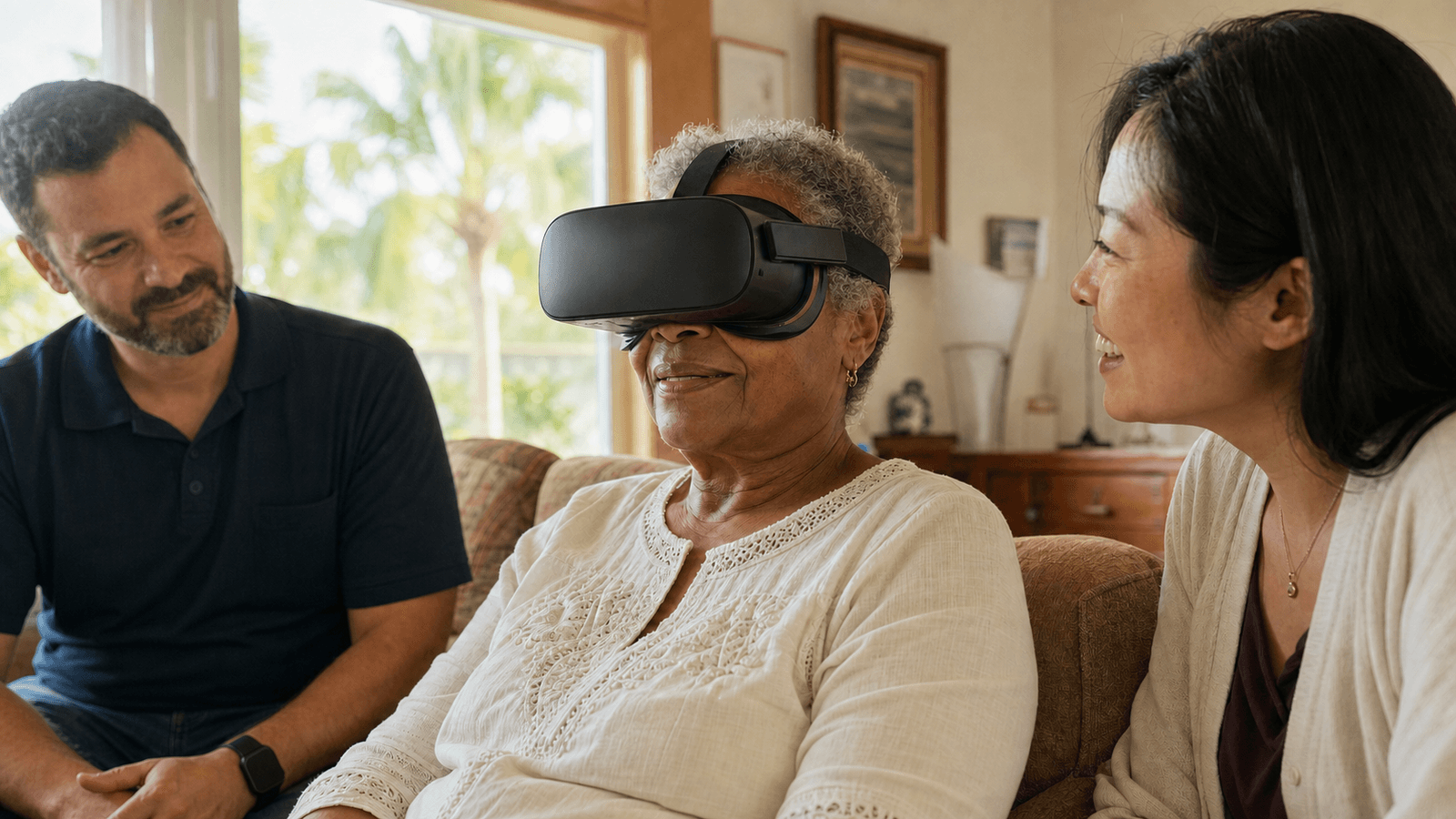 Hospice patient enjoying a guided virtual reality experience with a caregiver