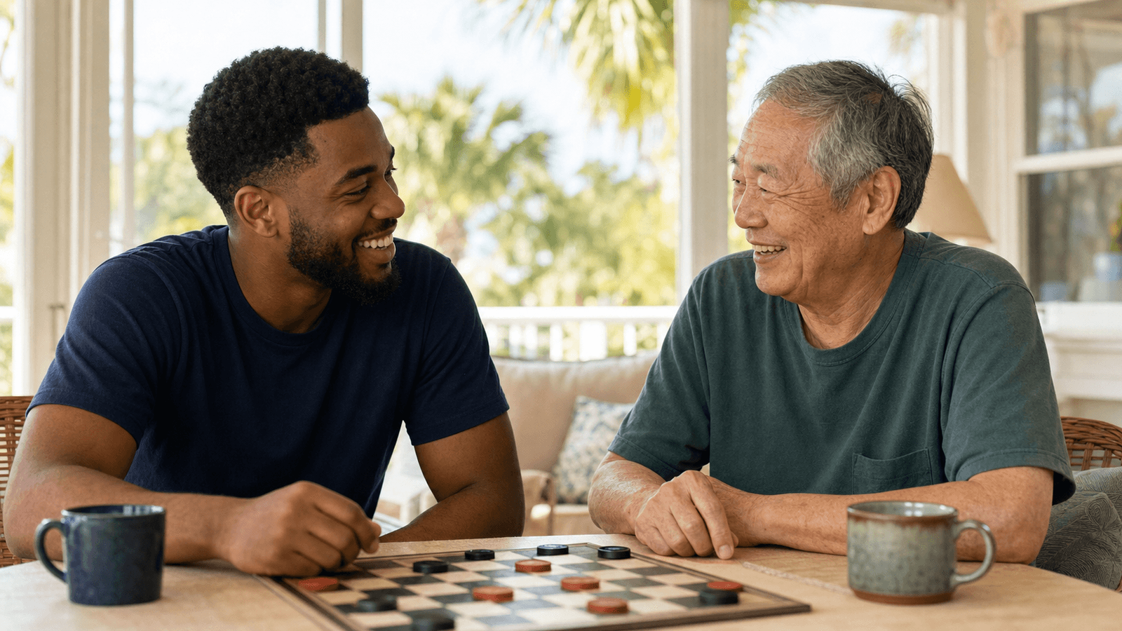 Hospice volunteer sharing conversation and companionship with an older adult