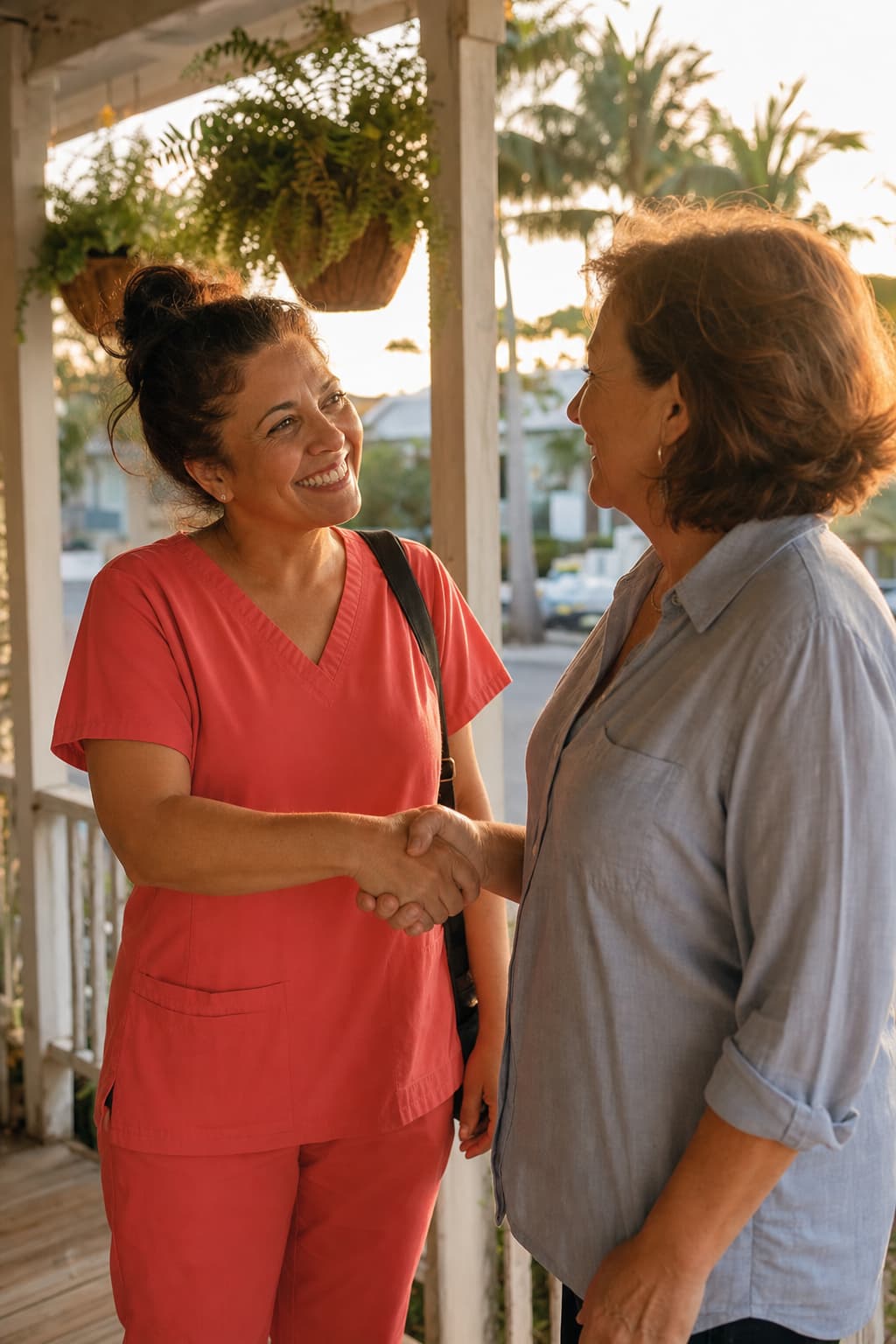 Hospice nurse and family member shaking hands on a porch