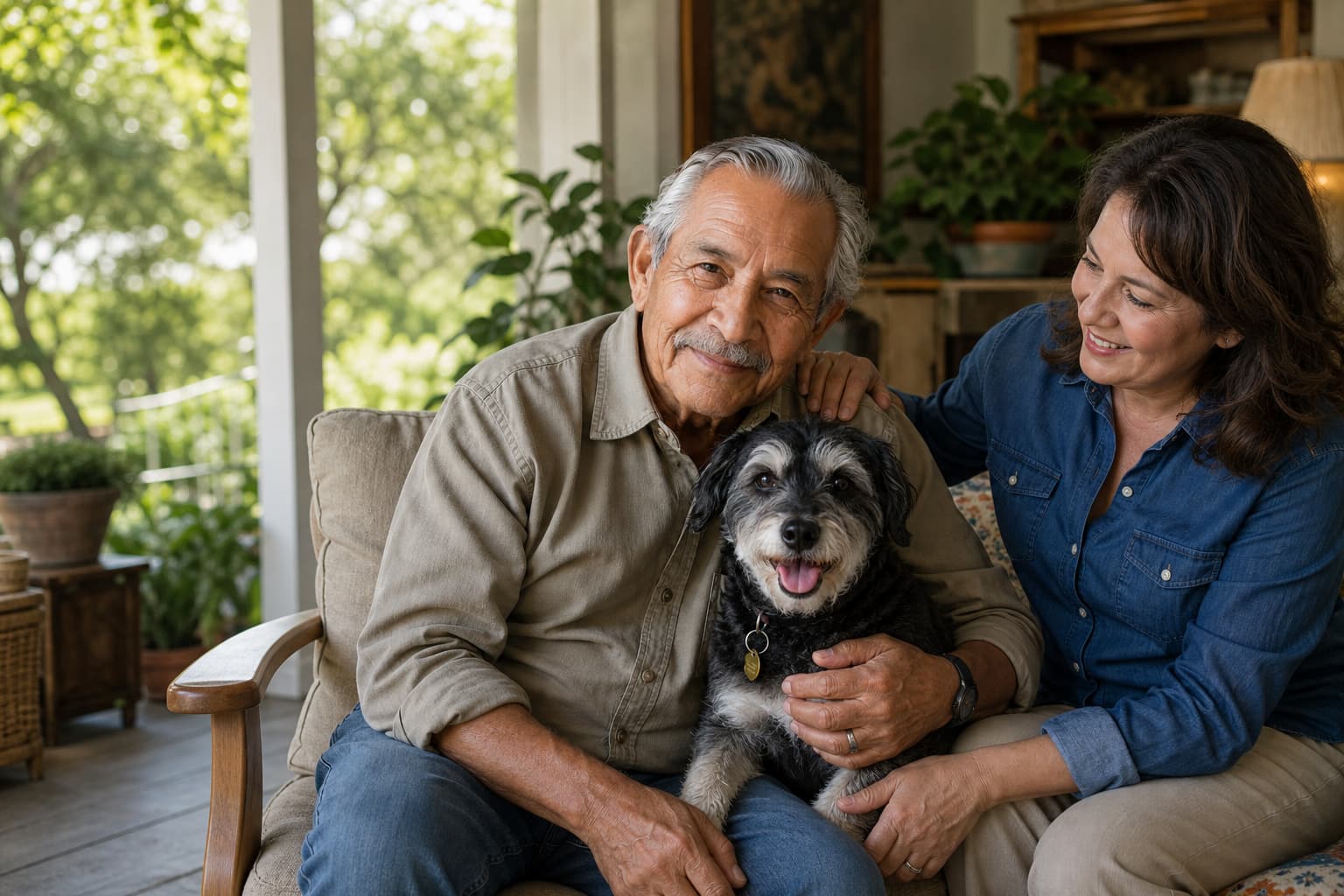 Hospice patient at home with a beloved dog and family member
